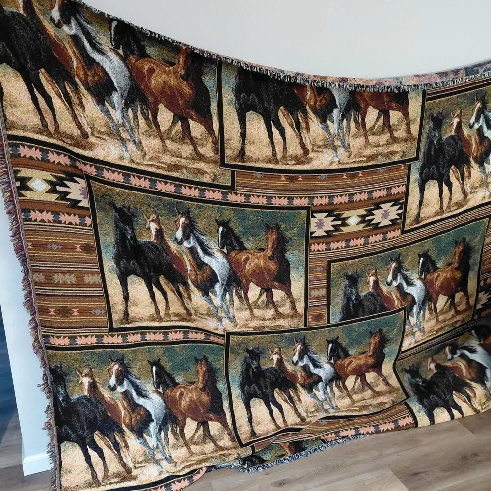 Vintage 90s C. Cummings Horses Fringe Throw Tapestry Blanket 8ft 9